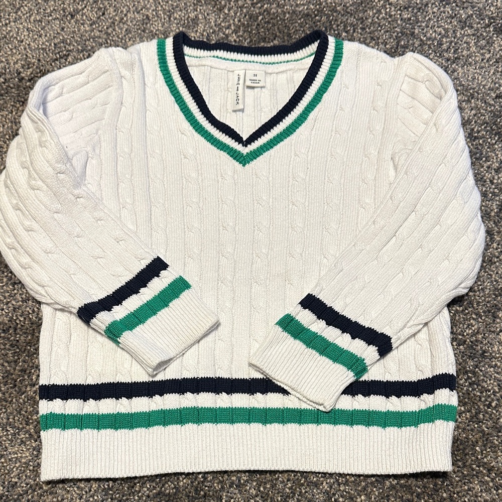 Janie and Jack White V-Neck Sweater with Green and Black Stripes